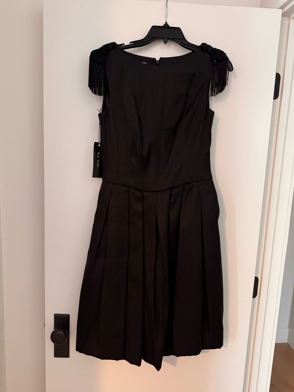 Paul Smith Black Sleeveless Midi Dress with Fringe Shoulder Detail size 42